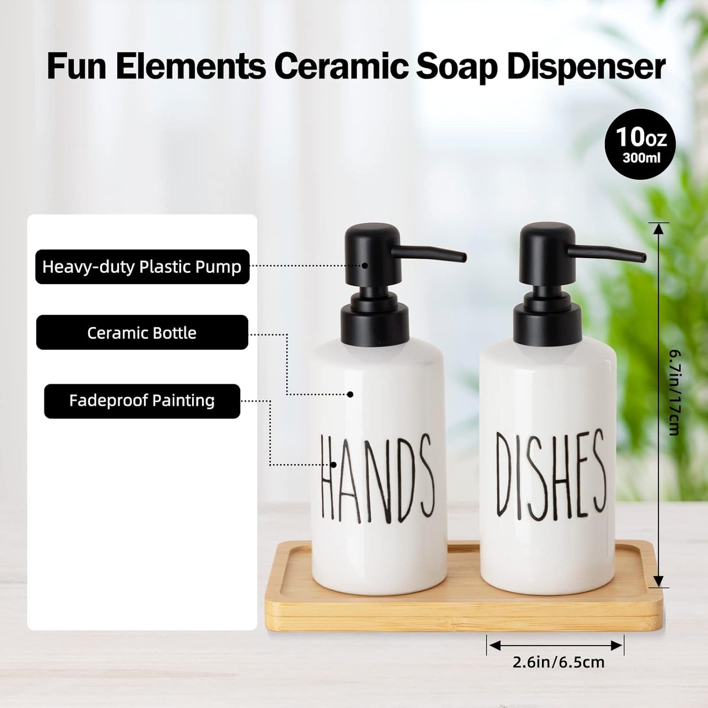 FE Dish Soap Dispenser for Kitchen, 10oz Ceramic Soap Dispenserr for Bathroom with Plastic Pump(Dishes)
