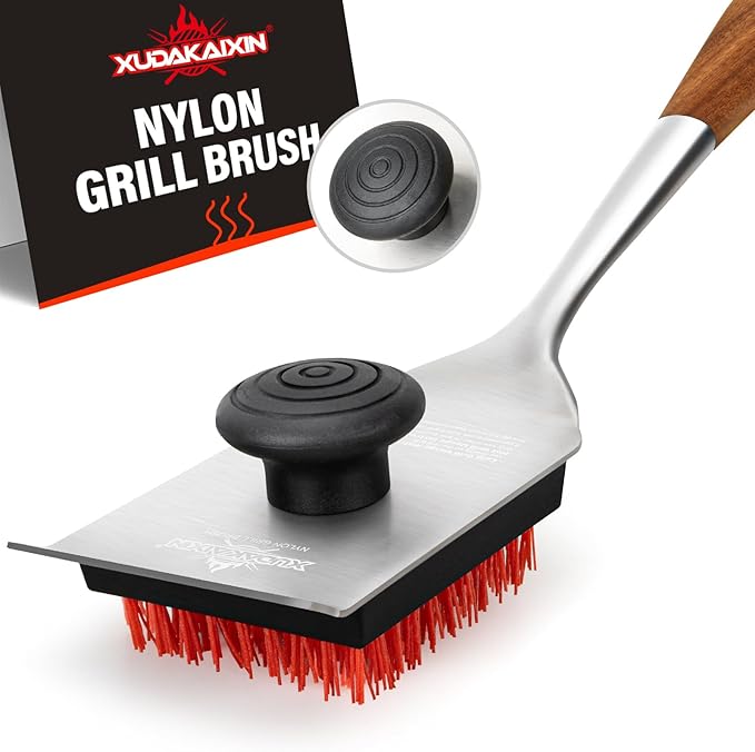 Nylon Grill Brush,Dual Grip Design,with Extended Luxurious Acaciawood Handle,Safe Nylon Bristles Barbecue Triple Scrubbers Cleaning Brush for Cast Iron Grates/Porcelain/Charcoal Grill