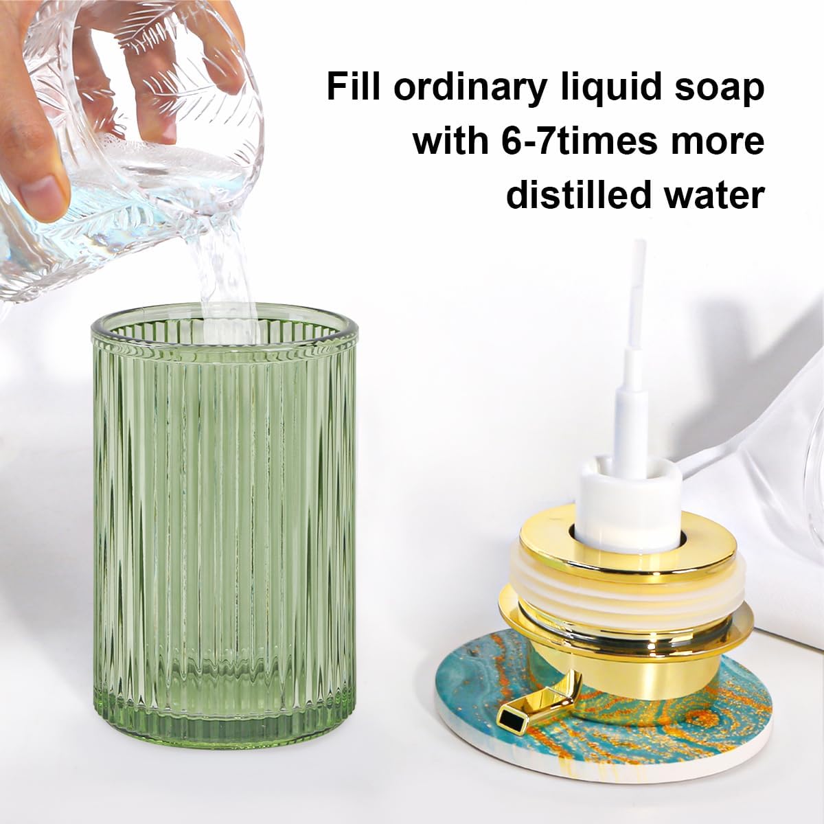 Green Foaming Soap Dispenser, Glass Foam Hand Soap Dispenser with Gold Pump, 12 Oz Bathroom Refillable Liquid Lotion Pump Ribbed Bottle Container for Kitchen Countertop Decor, 1pc