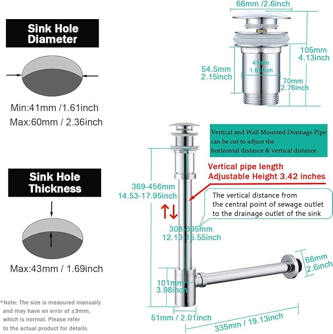 Brass Round Bottle P-Trap with Pop Up Drain Stopper,1 1/4 Adjustable Basin Sink Waste Drain Trap Kit without Overflow, Chrome P Trap