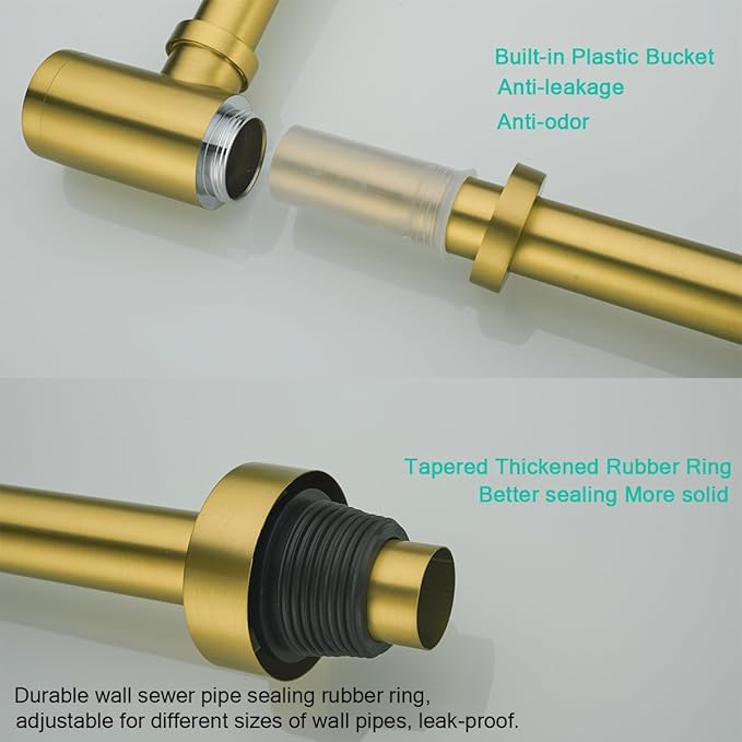 Brass Round Bottle P-Trap with Pop Up Drain Stopper with Overflow,1 1/4 Adjustable Basin Sink Waste Drain Trap Kit,Champagne Bronze P Trap