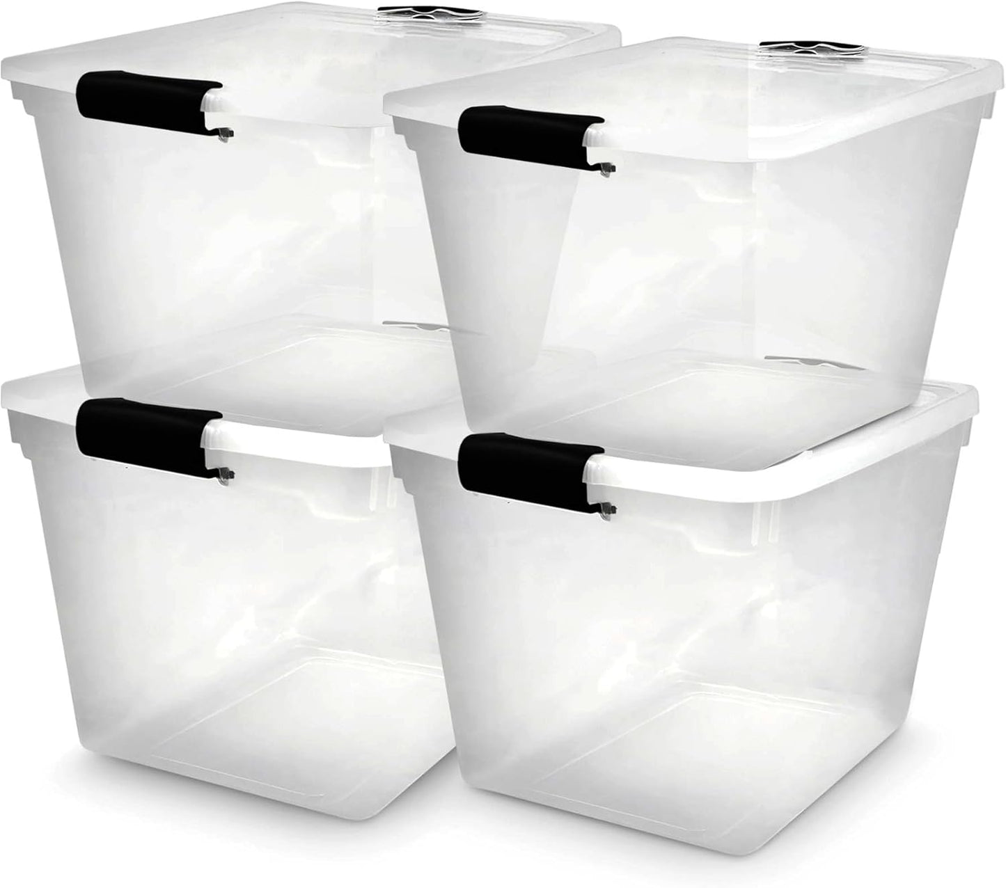 HOMZ 4-Pack Latching Lid, Large Clear Plastic Storage Bins with Lids, 31 Quart, Gray Latch - Stackable Container Boxes for Home, Bathroom, and Office Organization