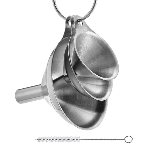 3 Pcs Stainless Steel Kitchen Funnel Made of Food-Grade Stainless Steel That withstands high and Low temperatures Perfect for Storing Liquids and Kitchen Spices or Powders Send a Cleaning Brush