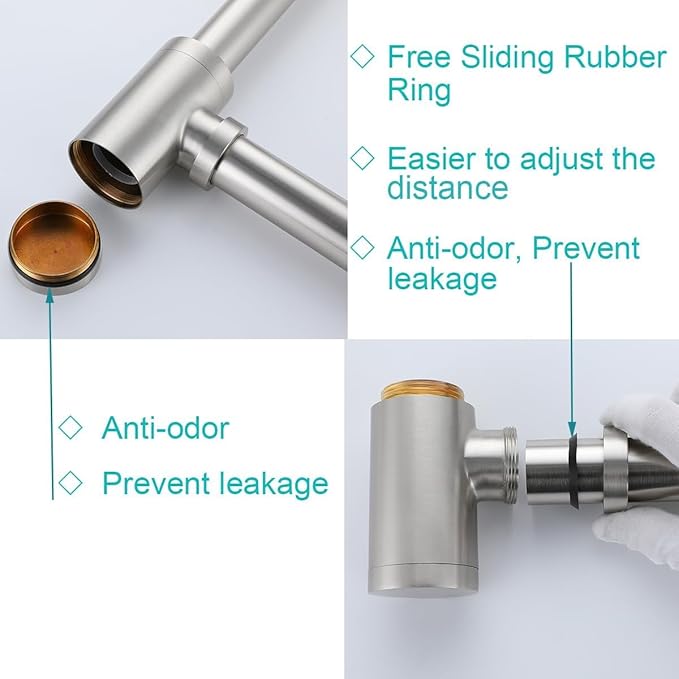 Brass Round Bottle P-Trap with Pop Up Drain Stopper with Overflow,1 1/4 Adjustable Basin Sink Waste Drain Trap Kit,Brushed Nickel P Trap