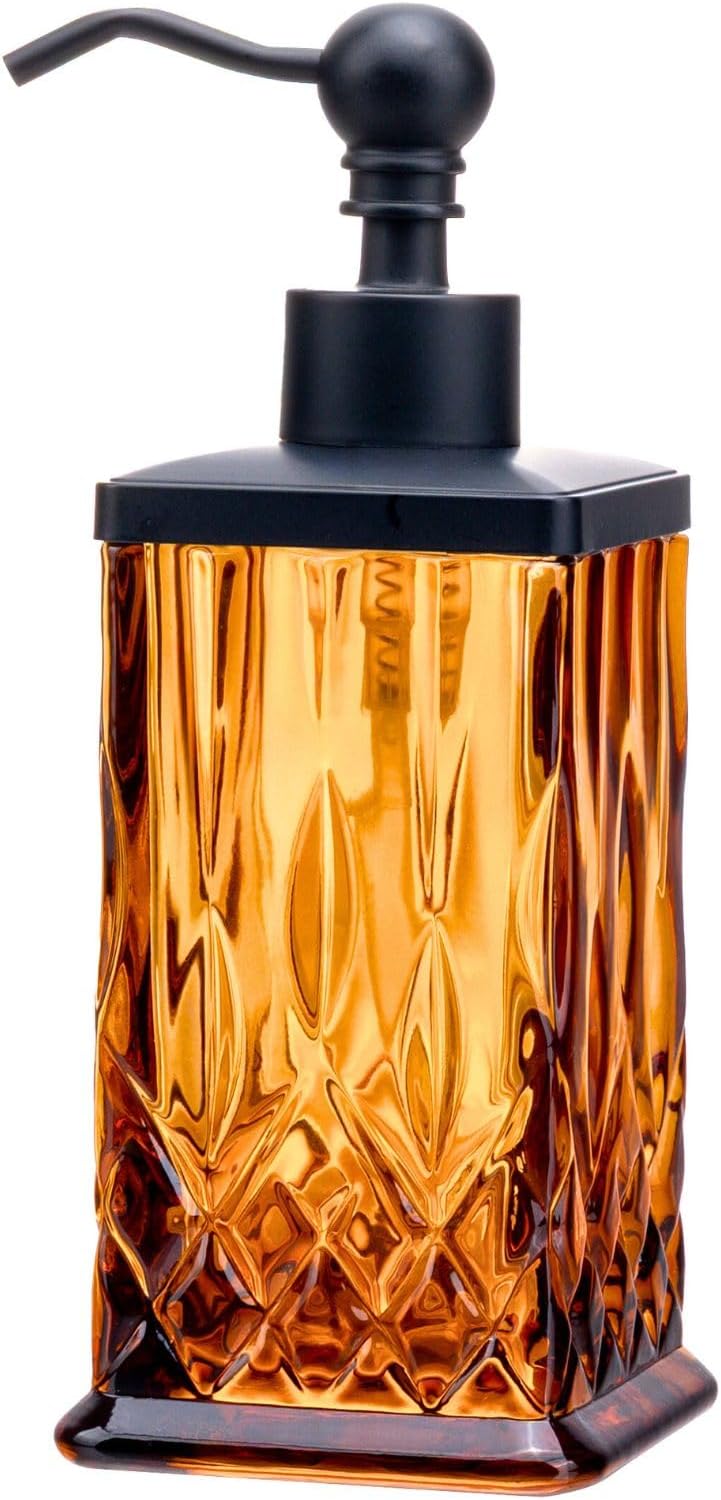 10Oz Amber Glass Soap Dispenser,Heavy Glass & Leak-Proof Rust-Resistant Pump for Kitchen Dish Soap, Bathroom Hand Wash,Vanity Essential Oil,Luxury Bath Decor(Square)
