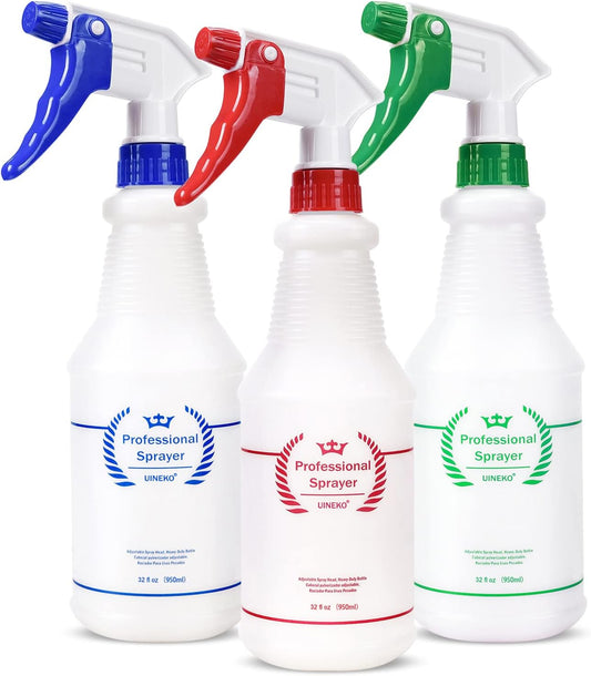 Plastic Spray Bottle (3 Pack, 32 Oz, 3 Colors) Heavy Duty All-Purpose Empty Spraying Bottles Leak Proof Commercial Mist Water Bottle for Cleaning Solutions Plants Pet with Adjustable Nozzle