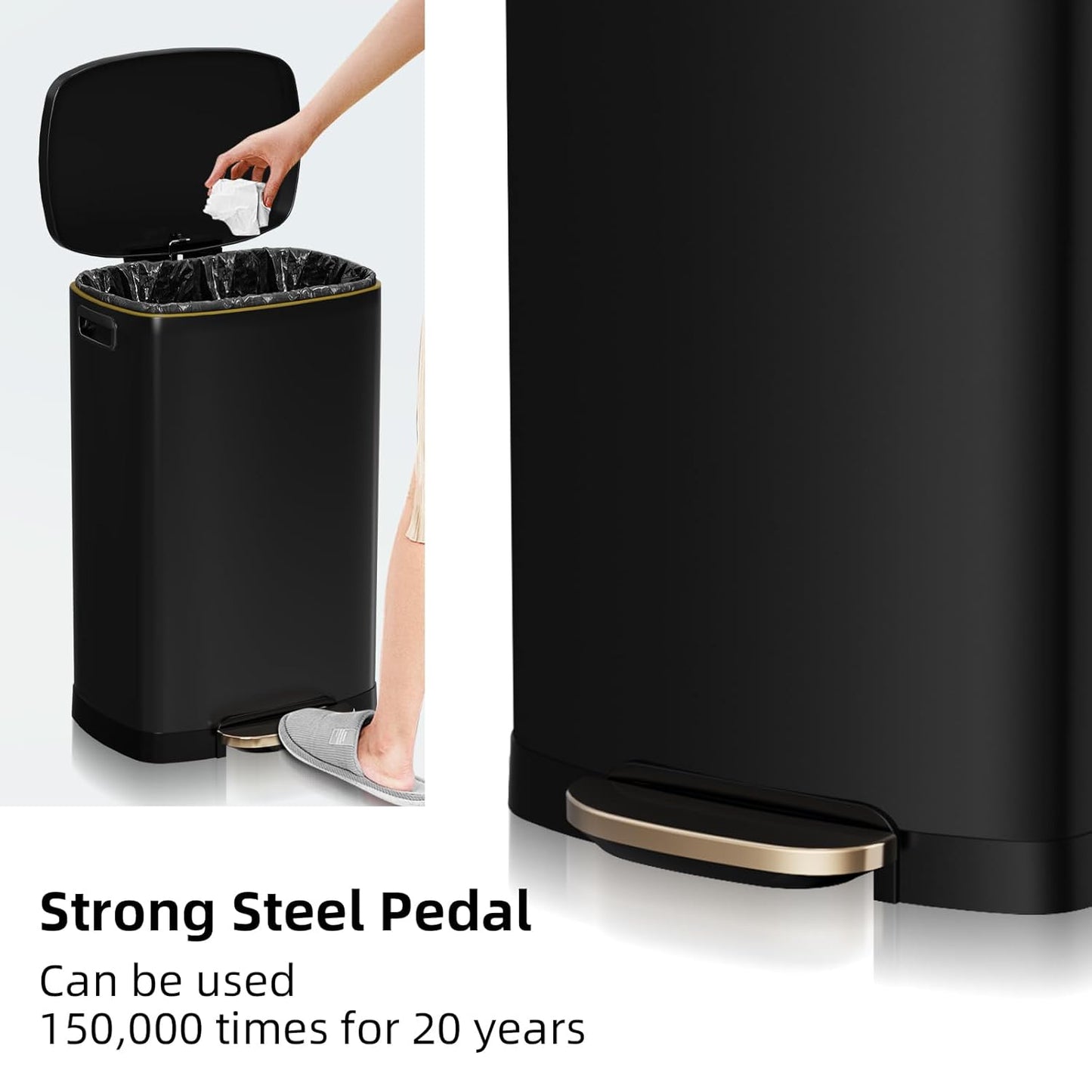 13 Gallon Trash Can with Lid, 50L Fingerprint Proof Stainless Steel Kitchen Trash Can with Removable Inner Bucket and Lid Soft Close, Pedal Rubbish Bin for Home Office, Black