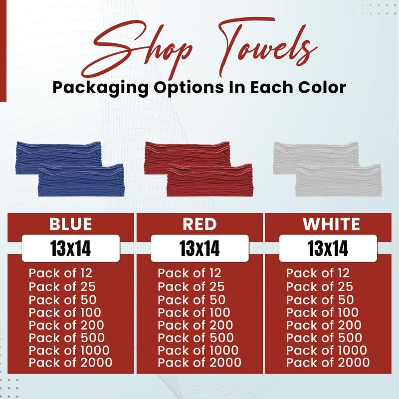 Auto Mechanic Shop Towels (13"x14"), 12 Pack Red - 100% Cotton Commercial Grade Rags for Cleaning & Maintenance, Garage Supplies - Professional Mechanics Reusable Wipes