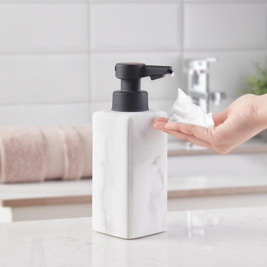 DKNY Hands Free Automatic Liquid Soap Dispenser, Refillable, Rechargeable Touchless Sensor Pump, Elegant Faux Marble Finish, 100% Resin, 1 Piece, 8.6" x 3", White