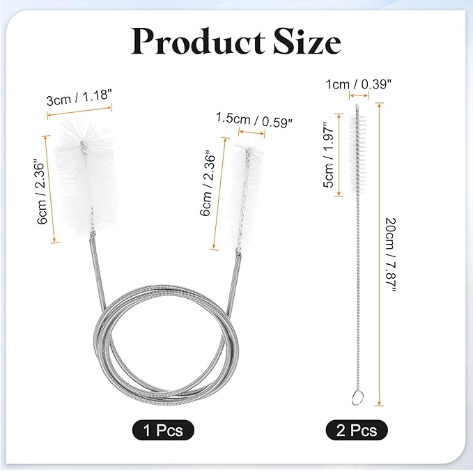 HARFINGTON 3pcs Flexible Long Drain Brush Straw Cleaner Set 35.43" Stainless Steel Double Ended Hose Brush with 8" Nylon Long Tube Pipe Cleaning for Fish Tank Sink Pipe, White