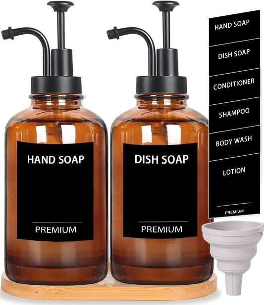 Amber 18 Oz Dish Soap Dispenser for Kitchen, Ultra-Thick Glass Soap Dispenser Set with Tray, Pump, Funnel for Bathroom, Liquid, Lotion, Shower, Laundry, (2 Pack with 12 Stickers)