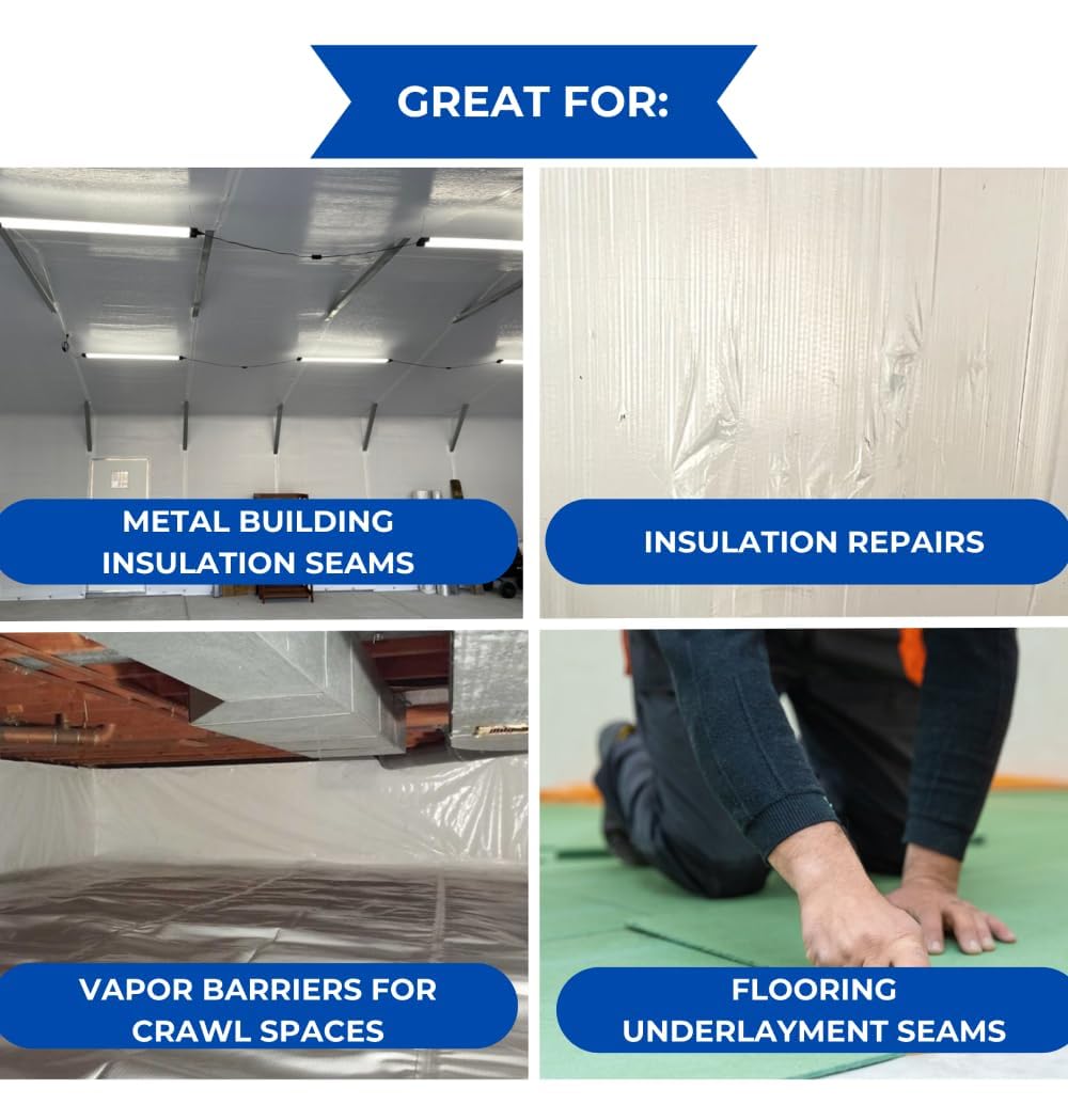 BlueTex Insulationㅤ3 Wide x 180' Long White Vapor Barrier Seam Tape - 16 Rolls Bulk Pack, Great for Crawlspaces, Waterproofing, Insulation Repairs, Underlayment Seams, Metal Building Insulation Seams
