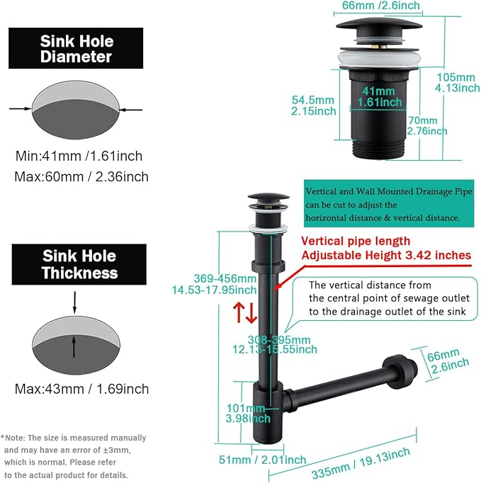 Brass Round Bottle P-Trap with Pop Up Drain Stopper,1 1/4 Adjustable Basin Sink Waste Drain Trap Kit Without Overflow, Matte Black P Trap