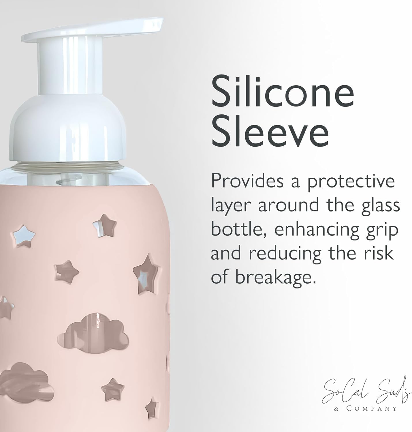 SoCal Suds & Company Glass Foaming Hand Soap Dispenser, Soft Grip Silicone Sleeve, Refillable Pump Bottle for Kids, Baby Wash & Shampoo, Ideal for Home Use, Light Pink 8oz