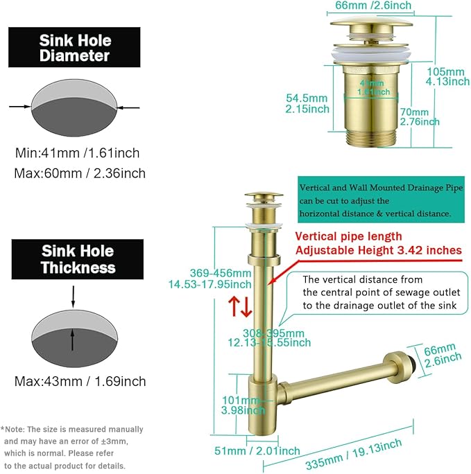 Brass Round Bottle P-Trap with Pop Up Drain Stopper,1 1/4 Adjustable Basin Sink Waste Drain Trap Kit Without Overflow,Brushed Gold P Trap