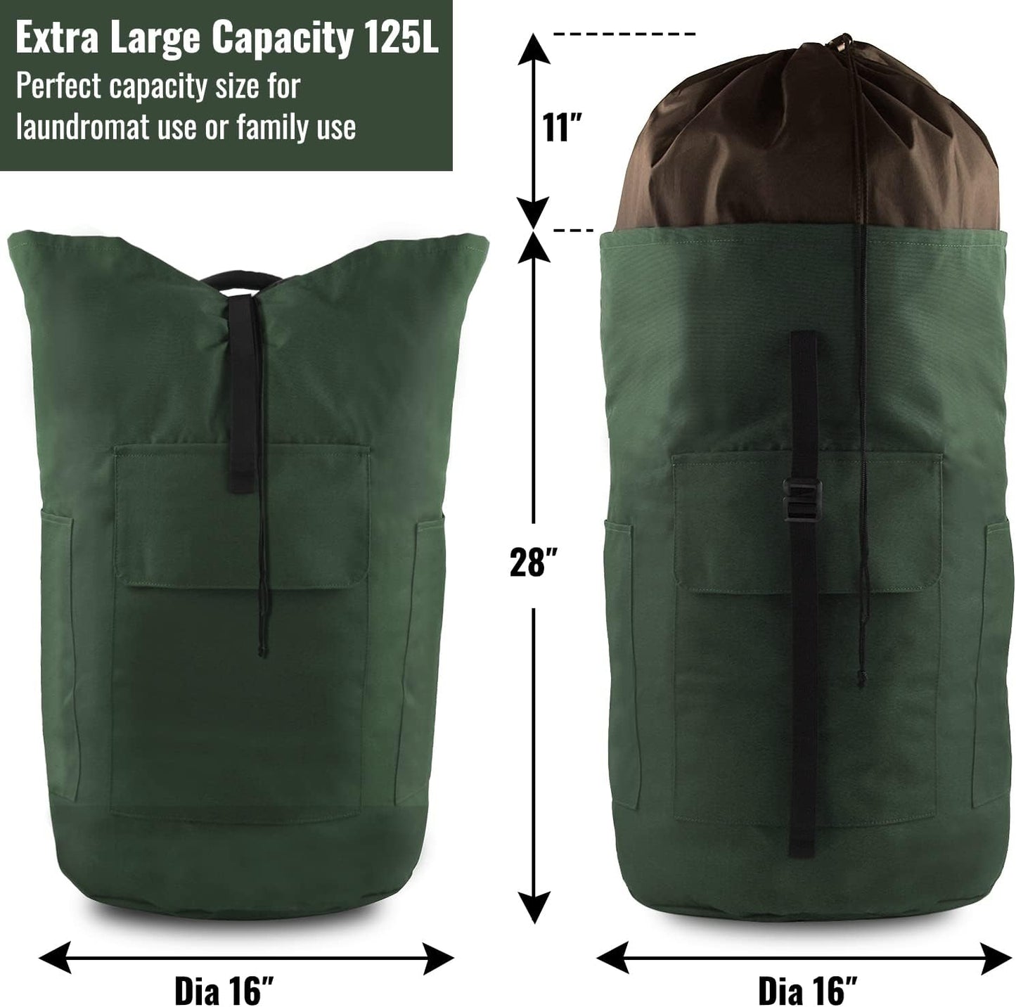 Laundry Bag Backpack, 125L Extra Large Travel Laundry Bags with Shoulder Straps, Adjustable & Extendable Design, Laundry Hamper Bag with 3 Pockets for Laundromat, College, Travel