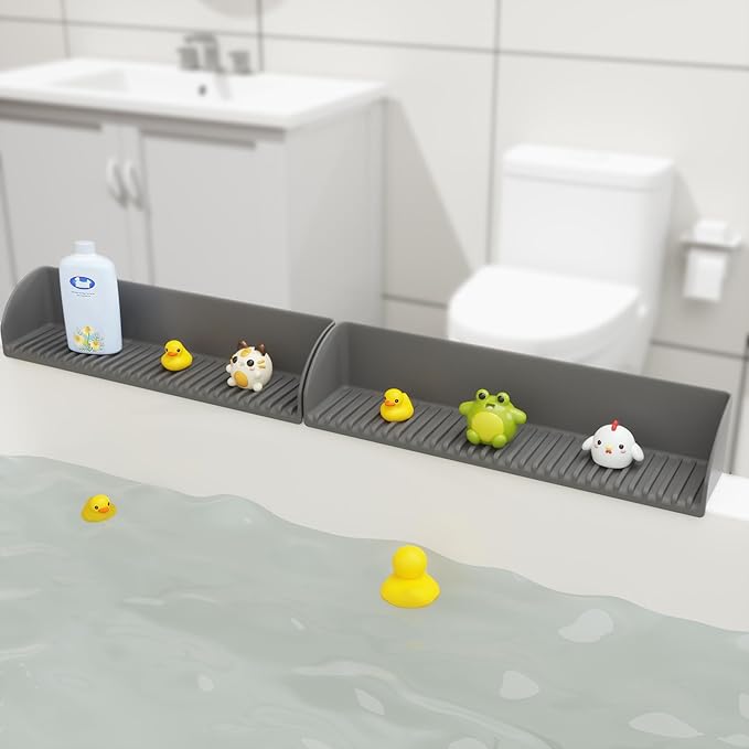 Roslim Splash Guard for Bathtub & Sink - Silicone Bath Splash Guard Shelf, Bath Toy Tray Holder, Tub Water Splash Guard with 4 Suction Cups, 1Pack, Grey