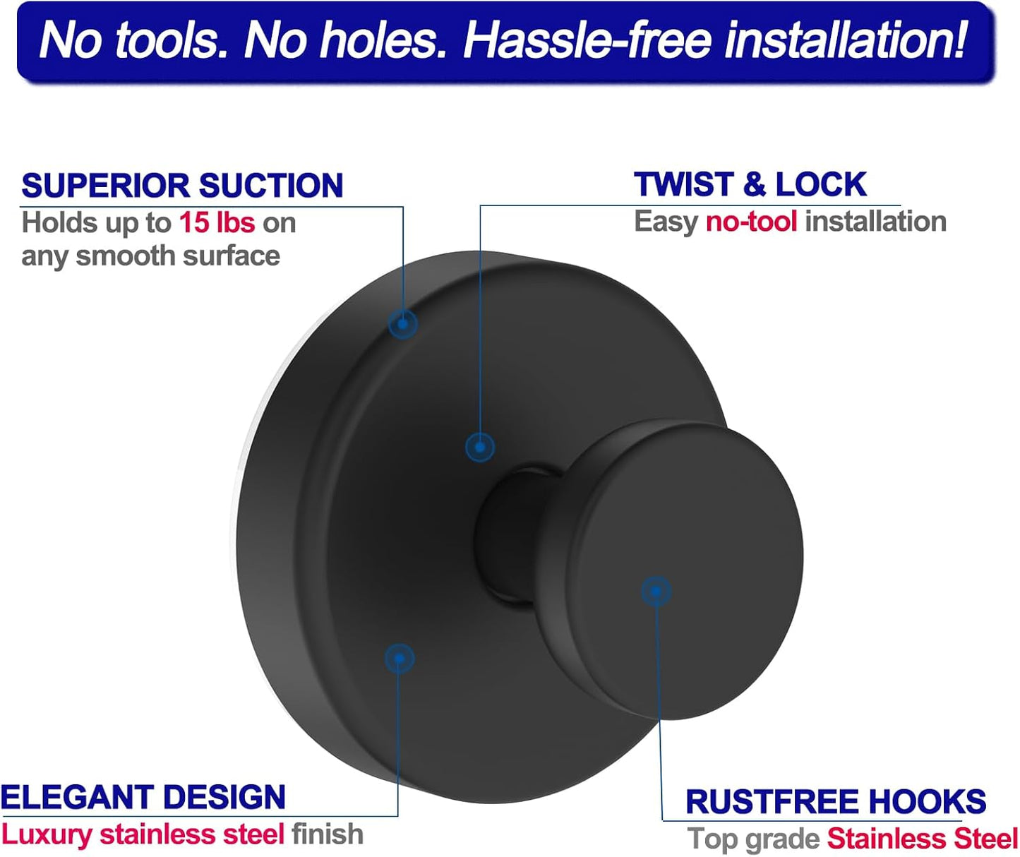 Suction Cup Hooks for Shower, Removable Towel Hooks for Bathroom Window Glass Door Wall, Bath Robe Looafh Hook for Hanging - 4 Pack, Black