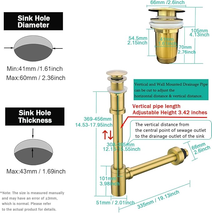 Brass Round Bottle P-Trap with Pop Up Drain Stopper,1 1/4 Adjustable Basin Sink Waste Drain Trap Kit without Overflow, Champagne Bronze P Trap