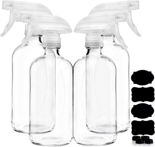 Clear Glass Spray Bottles For Cleaning Solutions (4 Pack) - 16 Ounce, Refillable & Reusable Sprayer for Essential Oil, Water, Kitchen, Hair. Durable Black Trigger Sprayer w/Mist and Stream Settings