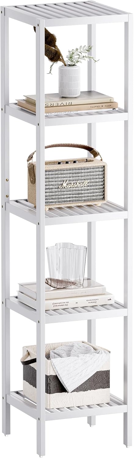 SMIBUY Bathroom Storage Shelf, 5-Tier Bamboo Rack Organizer, Multifunctional Shelving Unit for Living Room Bedroom Kitchen (White)