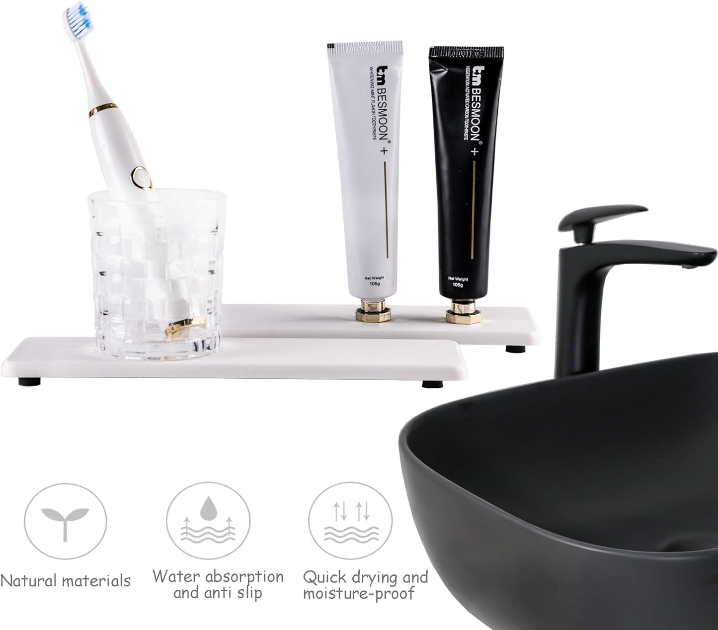 2 Pcs Water Absorbing Stone Trays, Kitchen/Bathroom Sink Soap Dish, Diatomite Tray Used for Hand Soap & Cosmetic Bottles in The Modern Home, 3.15" W x 10.2" L, White