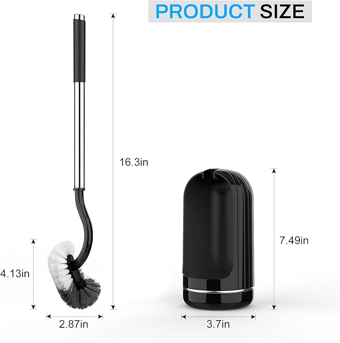 SetSail Toilet Brush and Holder Set, Compact Size Curved Toilet Bowl Brush for Bathroom Deep Cleaning with Stainless Steel Handle Toilet Cleaner Brush, Black-2p