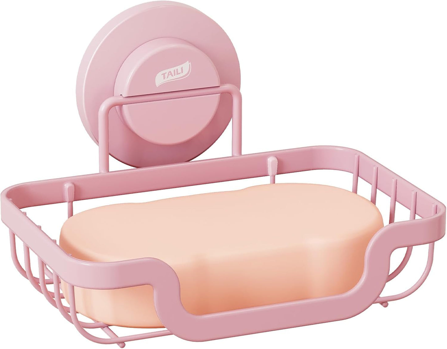 TAILI Soap Holder Bar Dish Suction Cup, Bar Shampoo Rack for Shower Wall, Draining Soap Saver Tray for Bathroom, Rustproof Stainless Steel Sponge Holder for Tub, Kitchen, Drill-Free, Pink