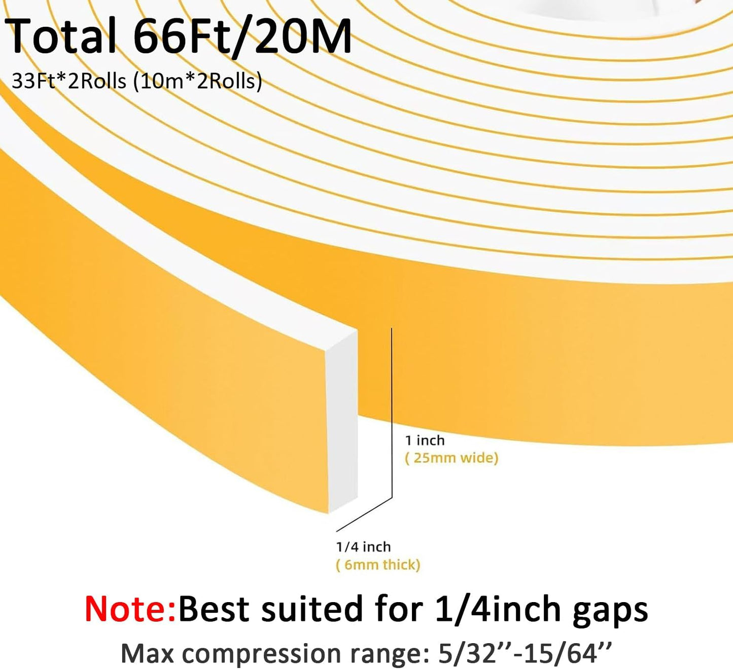 High Density Foam Weather Stripping Door Seal Strip Insulation Tape Roll for Insulating Door Frame, Window, Air Conditioner Soundproof Self Adhesive Sealing Weatherstrip(1 in x 1/4 in x 66 Ft)