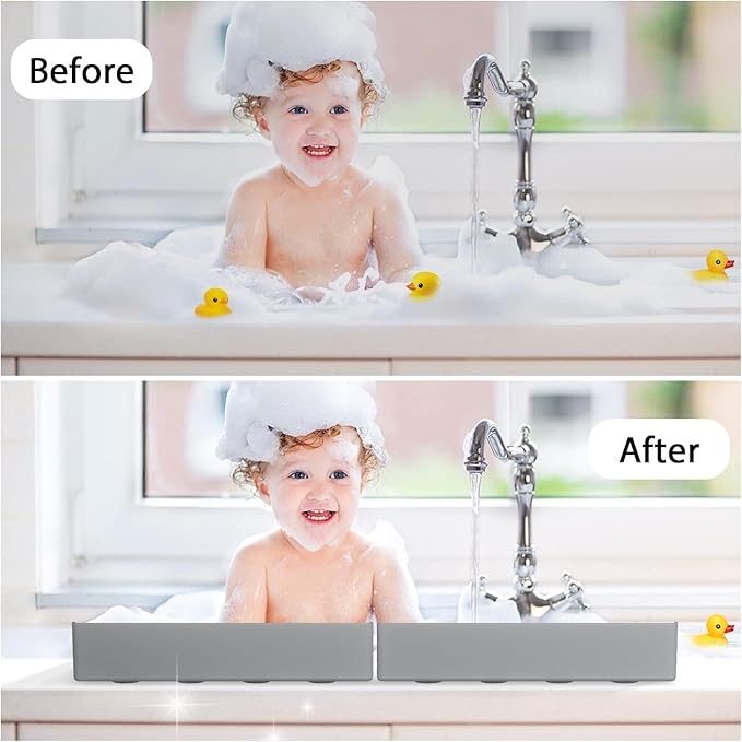 Roslim Splash Guard for Bathtub & Sink - Silicone Bath Splash Guard Shelf, Bath Toy Tray Holder, Tub Water Splash Guard with 4 Suction Cups, 1Pack, Grey