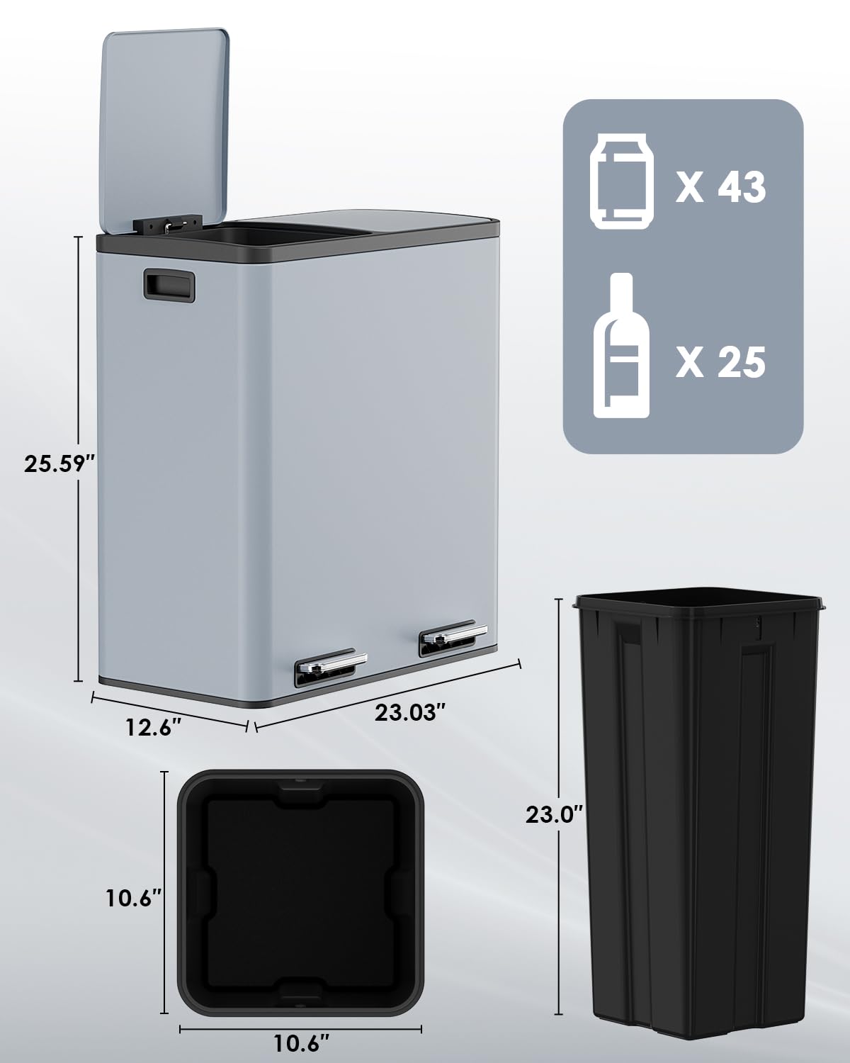 AthLike 60L(16 Gal) Dual Trash Can, Stainless Steel Kitchen Garbage Can, Double Compartment Classified Rubbish Bin, Recycle Dustbin w/Plastic Inner Buckets, Soft-Close Lid, Airtight (Haze Blue)