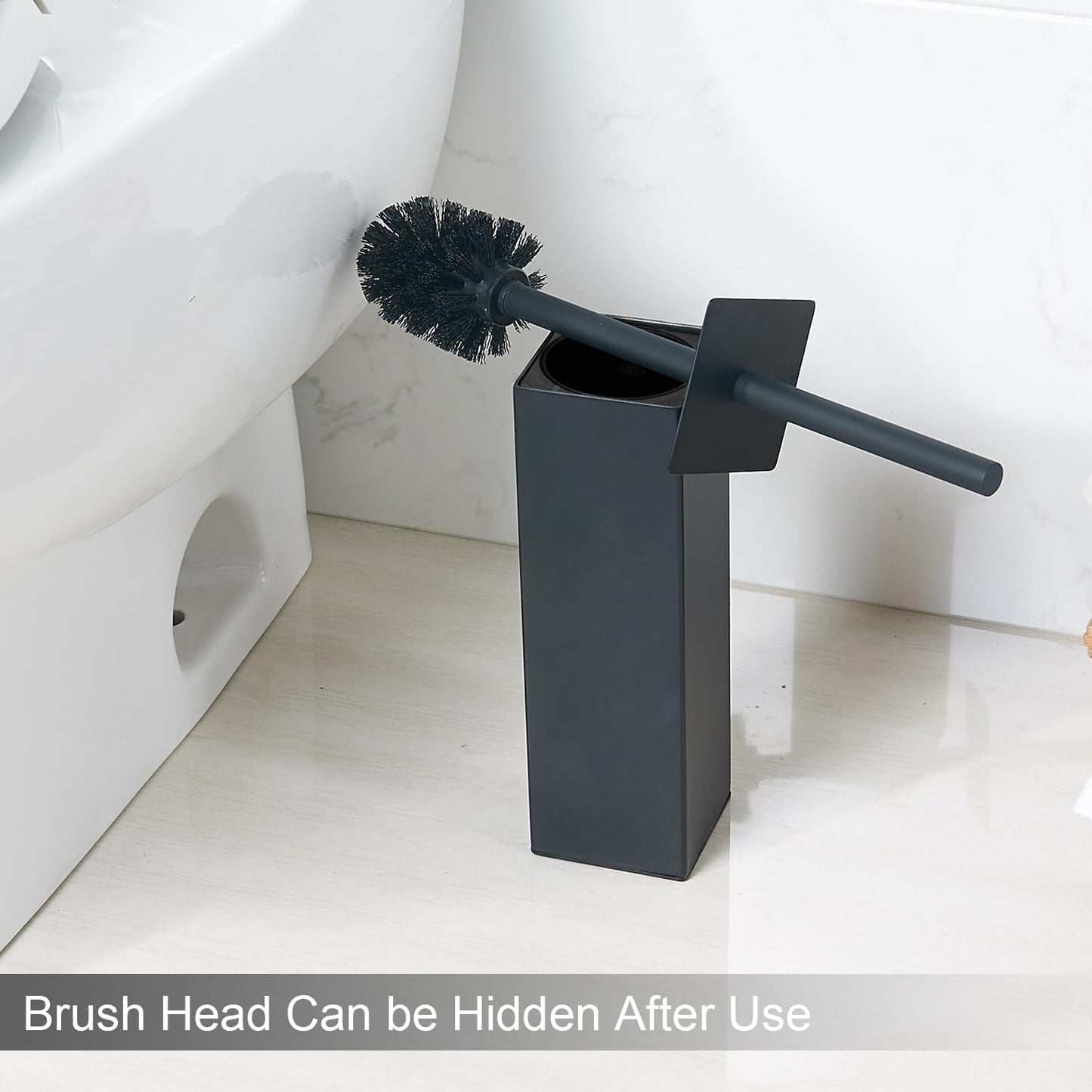 Matte Black Square Stainless Steel Toilet Brush with Holder, 304 Modern Toilet Brush Set – Rust Resistant, Long Handle, Replacement Heads, Floor Standing Bathroom Toilet Cleaning Brush