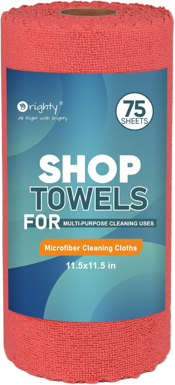 Orighty Microfiber Cleaning Cloths, 75 Sheets Shop Towels, Reusable Paper Towels Shop Rags, Washable Microfiber Towel Roll Cleaning Rags for Cars, House, Kitchen, 11.5’’ x 11.5’’, Red
