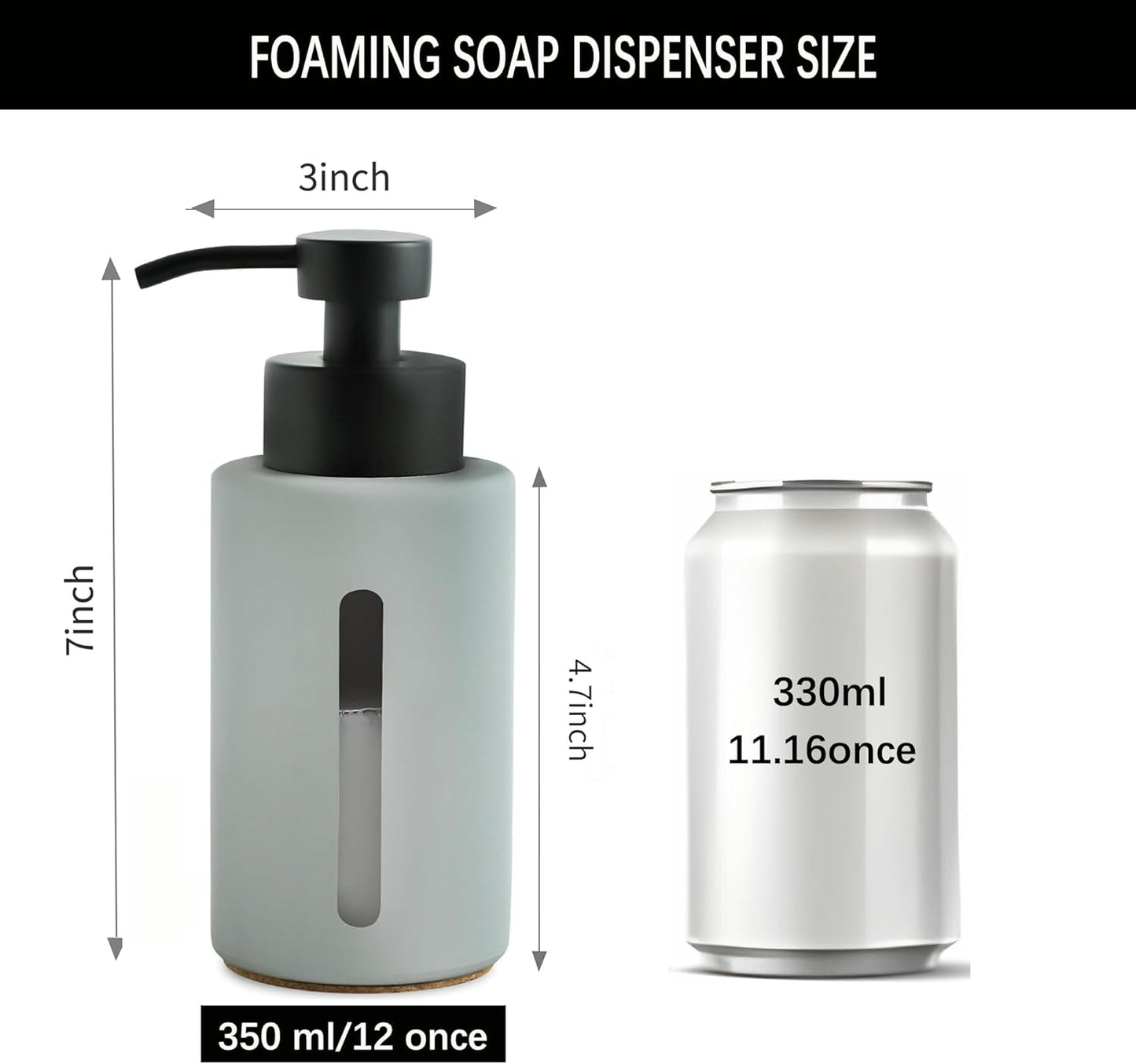Enra Foaming Soap Dispenser with Clear Window,12oz Bathroom Soap Dispenser with Stainless Steel Pump, Modern Thick Glass Refillable Pump Bottle for Bathroom Kitchen(Light Gray Foam Dispenser)