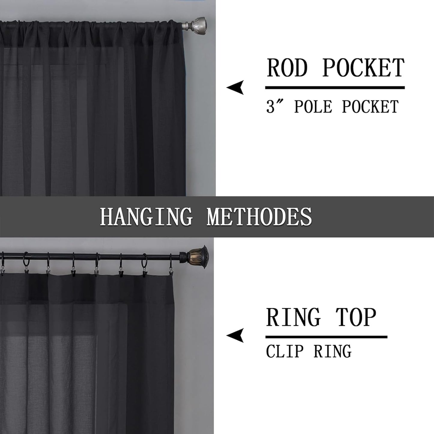 Tollpiz Short Sheer Curtains Living Room Linen Textured Curtain Sheers Light Filtering Voile Rod Pocket Curtains for Bedroom, 38 x 45 inches Long, Black, Set of 2 Panels