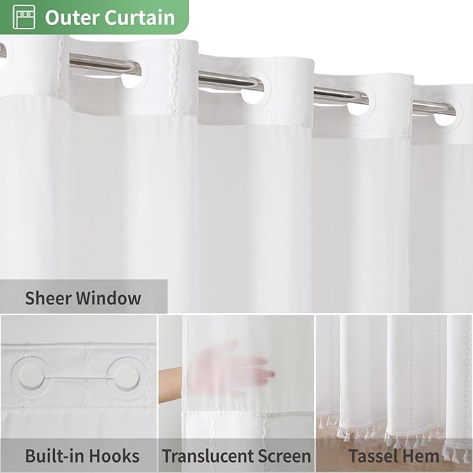 White Farmhouse No Hook Shower Curtain Set with Snap-in Fabric Liner,Boho Heavy-Duty Linen Textured Rustic Striped Design,Water-Repellent with Tassels and Sheer Window,71x74