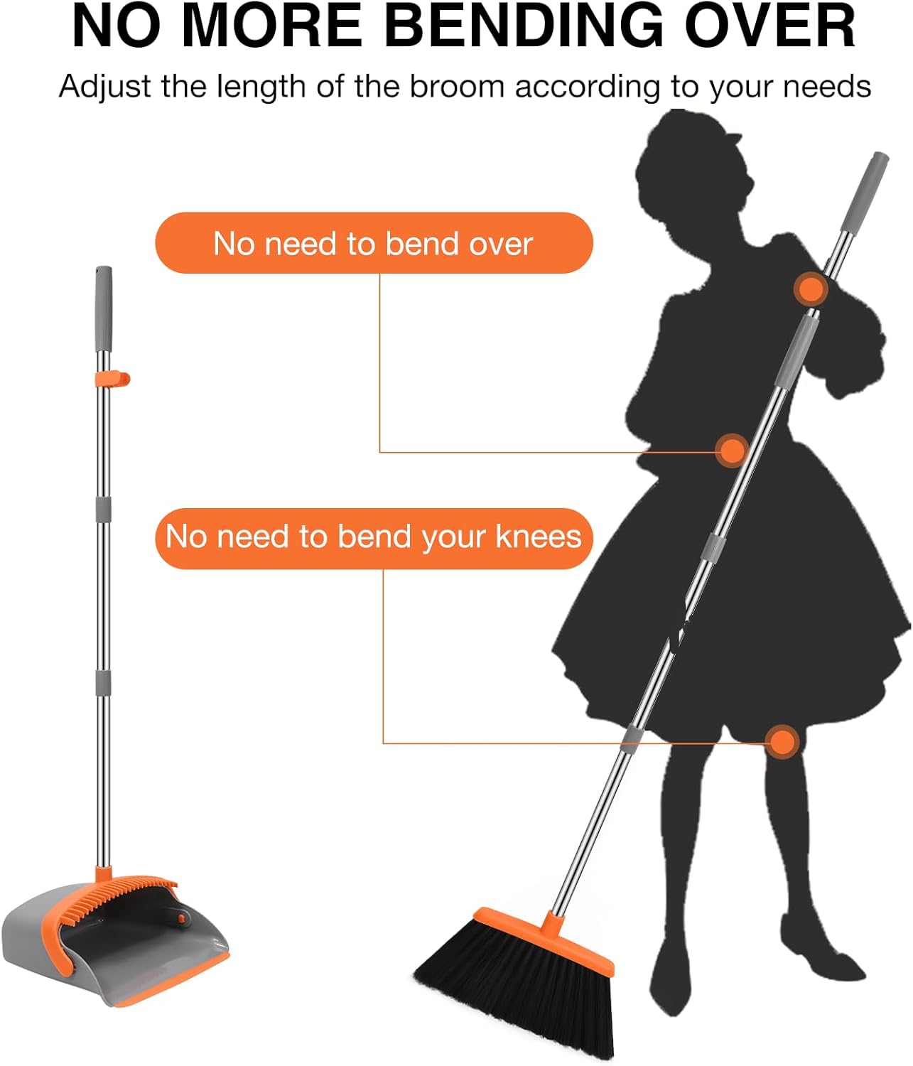 NACENA Broom and Dustpan Set, 52-in Long Adjustable Handle Broom Dustpan Combo with Dustpan Teeth to Automatically Clean Hair Suitable for Home Kitchen Office Hall Floor (Grey&Orange), 2 Pack