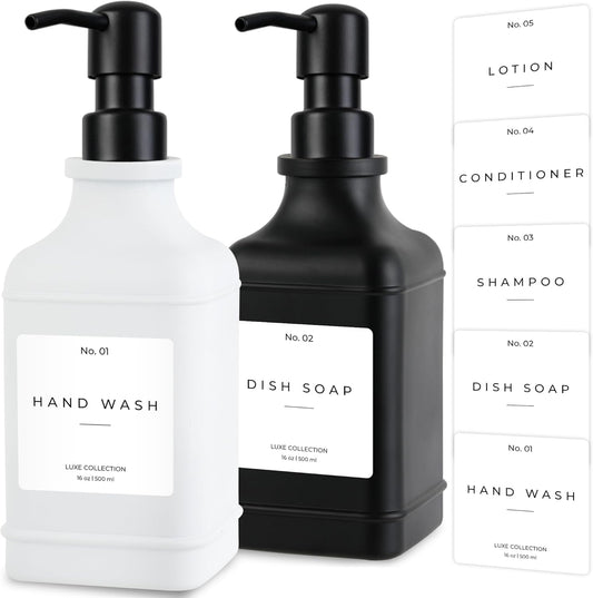 Emerson Essentials Soap Dispenser, Dish Soap Bottle Dispenser, Farmhouse Hand Soap Dispenser, Kitchen Soap Dispenser Set - Glass Soap Dispenser with Pump and Labels, 16 Oz, 2 Pack