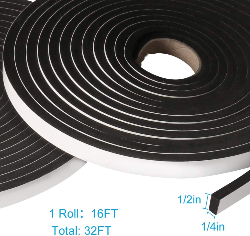 2 Rolls Foam Tape Weatheratrip for Door Window Insulation, Single Sided Foam Strips Adhesive, High Density Foam Seal Tape, Closed Cell Foam Seal Strip Tape(1/2"Wx1/4"Tx32FT, Black)