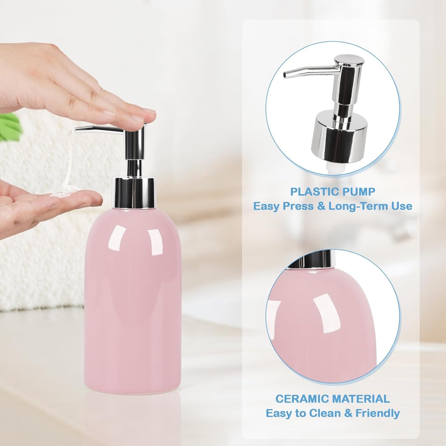 Natheeph 14OZ Ceramic Soap Dispenser Ceramic Soap Pump Dispenser Can Fill Liquid for Bathroom/Kitchen (2PC Pink)