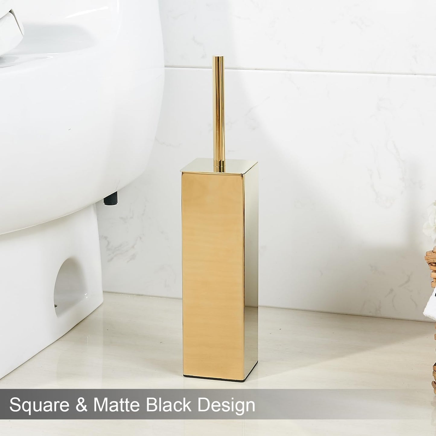 Gold Square Stainless Steel Toilet Brush with Holder, 304 Modern Toilet Brush Set – Rust Resistant, Long Handle, Replacement Heads, Floor Standing Bathroom Toilet Cleaning Brush