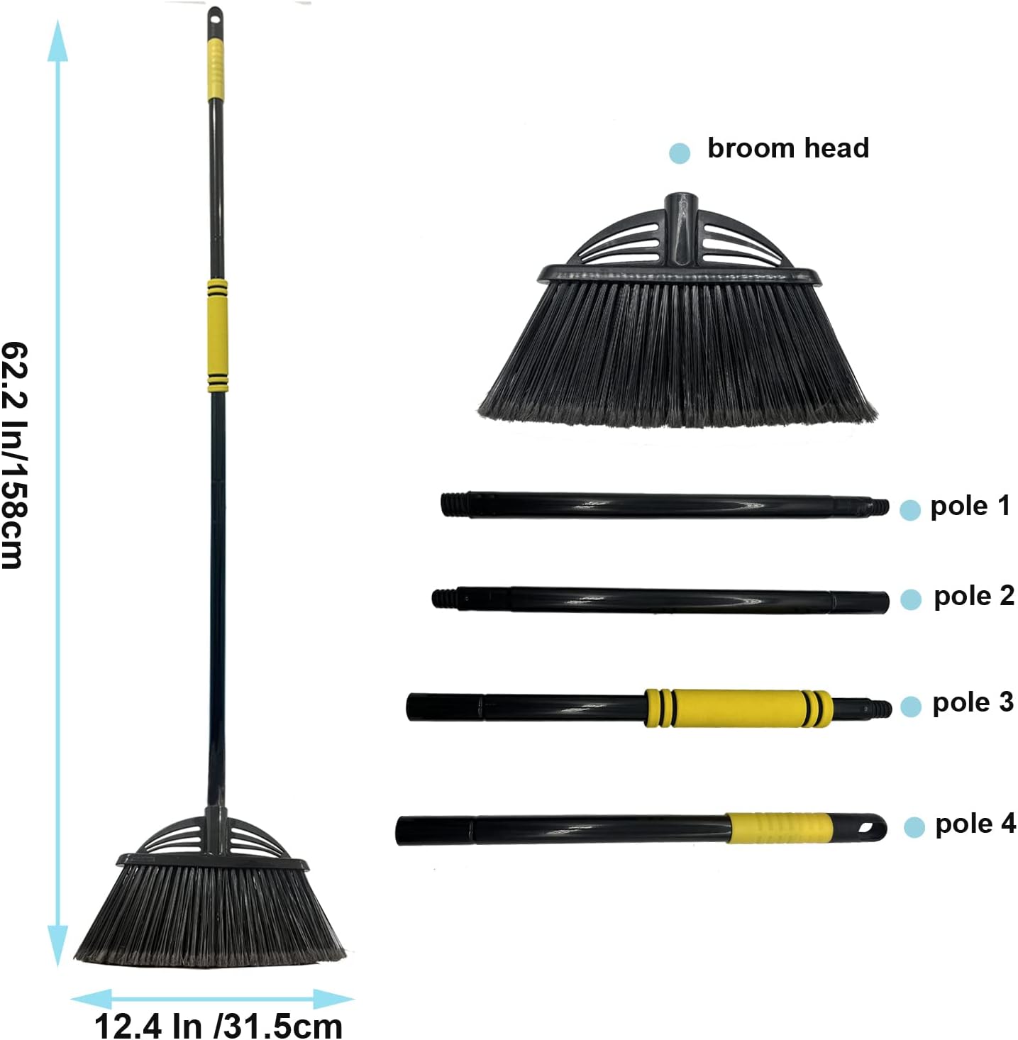 Four-Section Rod Long-Handled Broom,Heavy-Duty Broom, Angle Broom for Outdoor/Indoor（Black+Yellow）