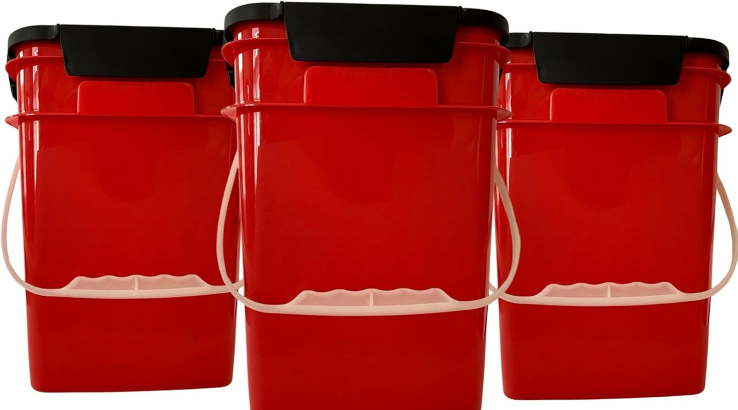 House Naturals 4 Gallon Square Food Grade Bucket Pail with Plastic Handles and Lid (Pack of 3) Made in USA containers (Red - Black lids)