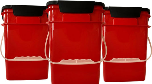 House Naturals 4 Gallon Square Food Grade Bucket Pail with Plastic Handles and Lid (Pack of 3) Made in USA containers (Red - Black lids)