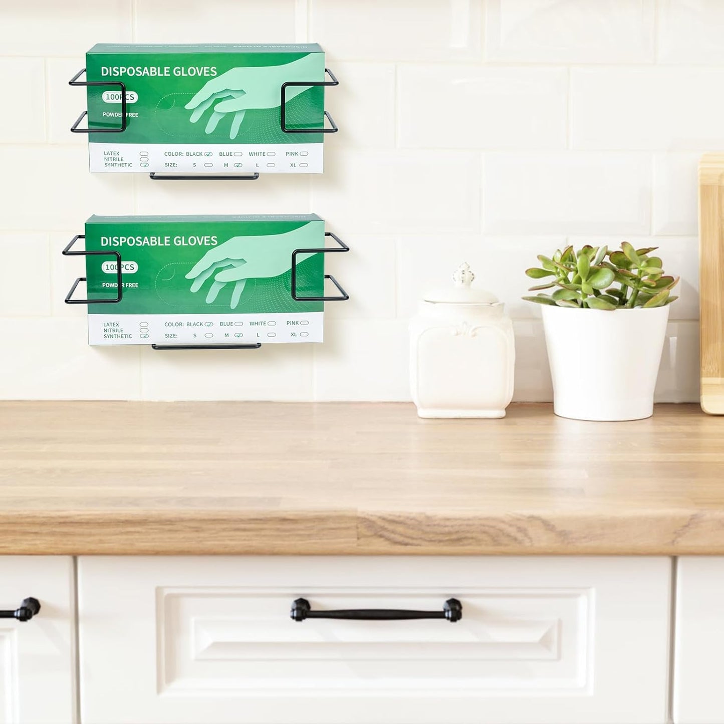 Glove Box Holder 2 Pack, Disposable Glove Dispenser Wall Mount, Metal Glove Rack Organizer for Rubber Latex Gloves Facial Tissue, Black