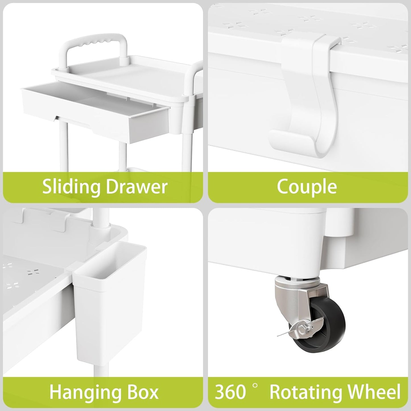 3 Tier Rolling Cart Organizer,Laundry Room Bathroom Organizers and Storage Office Shelves Mobile Shelving Unit Kitchen Trolley Cart with Wheels for Art,Craft,Diaper,Bedside,Snack(White)