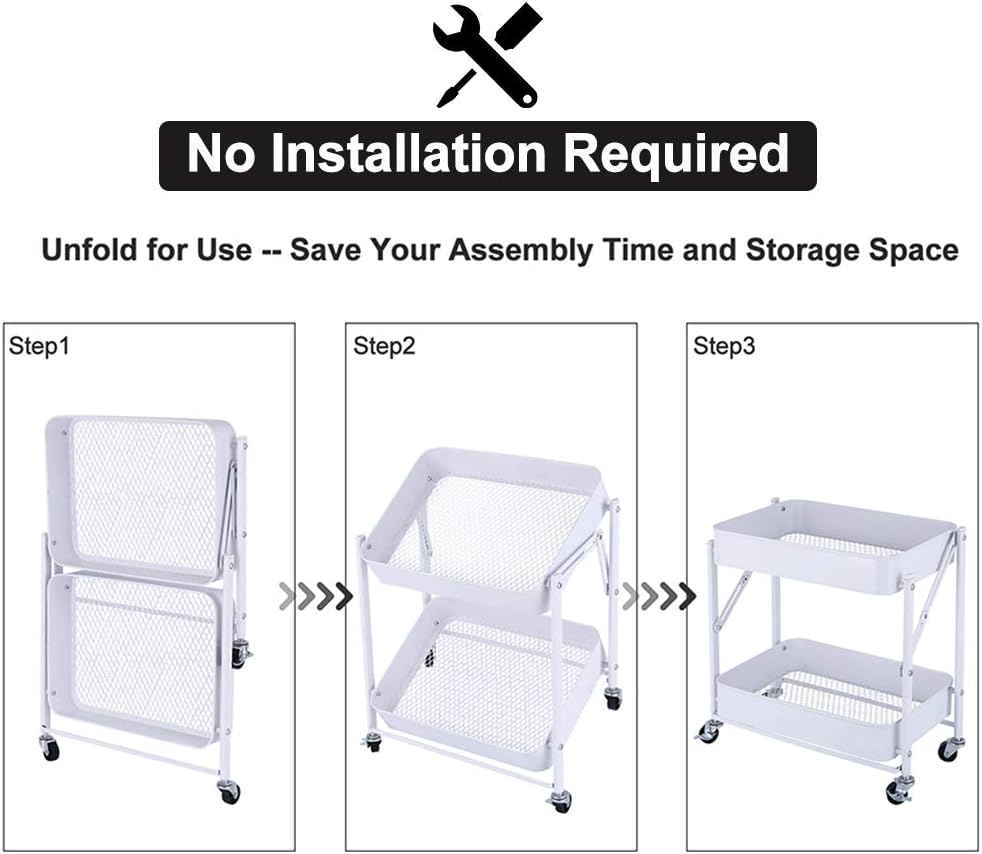 Melody House 2-Tier Metal Folding Rolling Cart, Mobile Utility Cart Trolley Storage Organizer for Office Home Kitchen Organization, Sofa Side End Table with Wheels, White