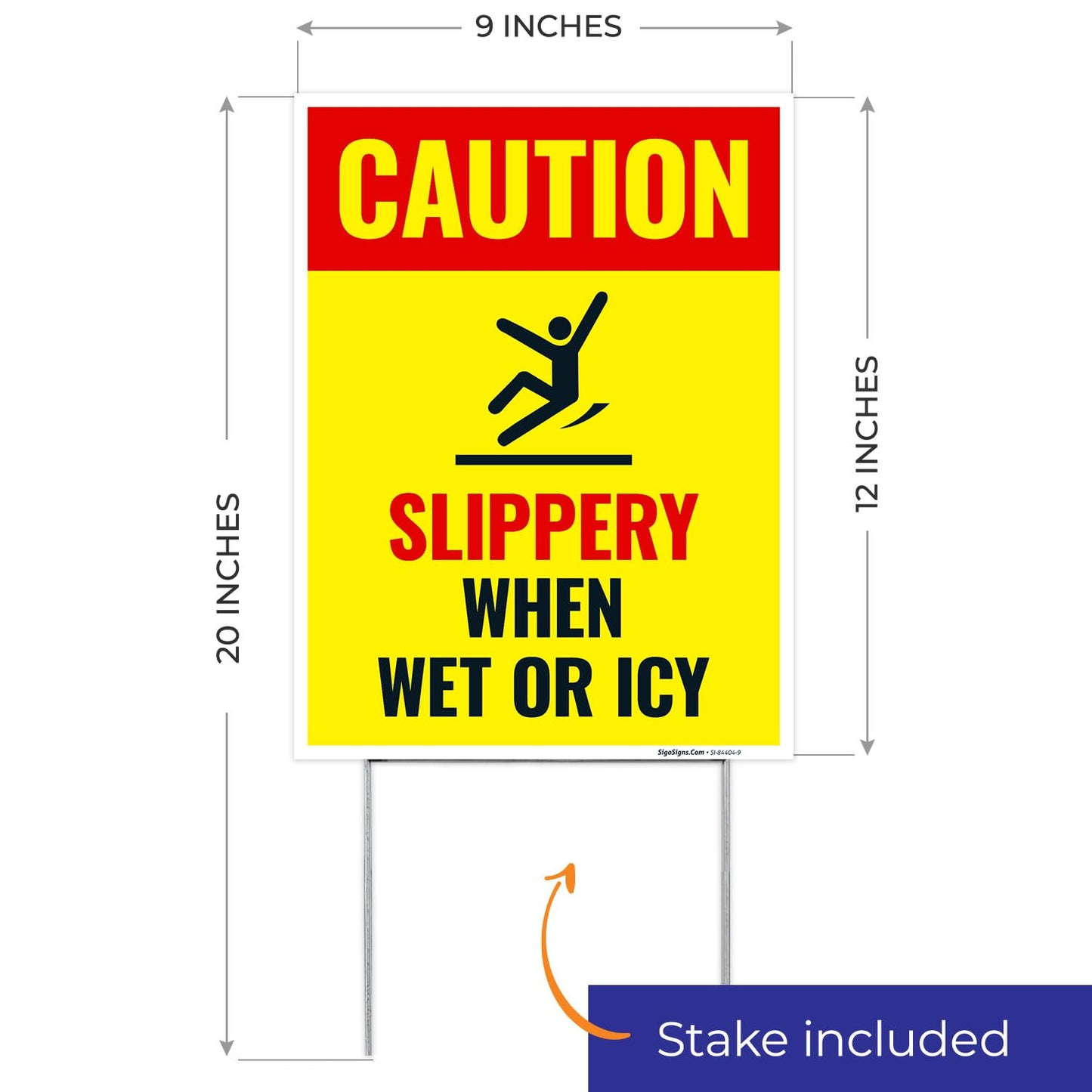 Caution Slippery When Wet or ICY Sign, (SI-84404) (2 Pack) Double Sided 9x12 Inches, Corrugated Plastic with Metal H Stake, Made in USA by Sigo Signs