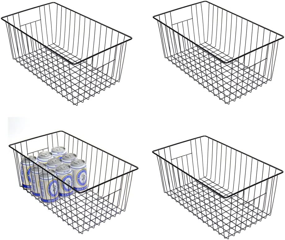 16inch Freezer Wire Storage Organizer Baskets, Household Refrigerator Bin with Built-in Handles for Cabinet, Pantry, Closet, Bedroom Black,4pack