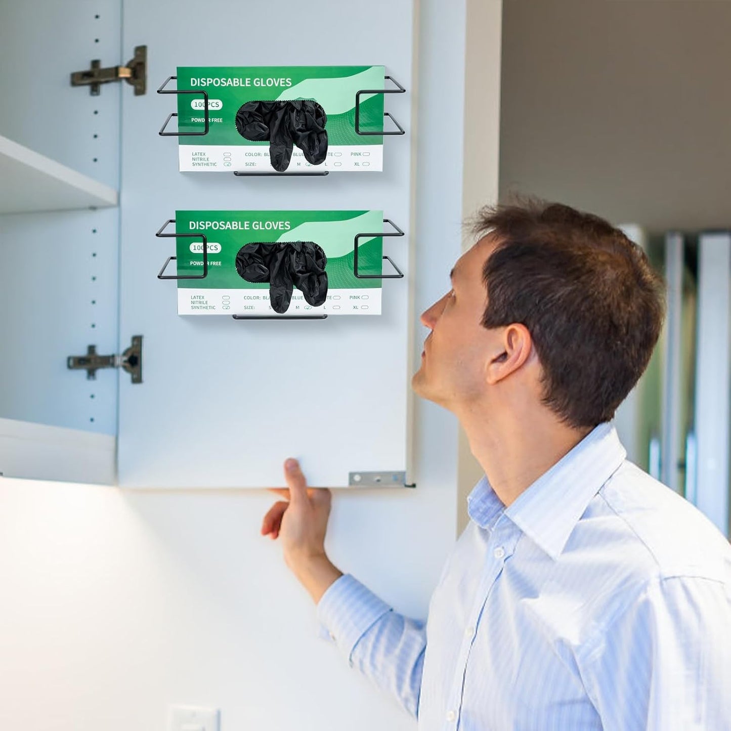 Glove Box Holder 2 Pack, Disposable Glove Dispenser Wall Mount, Metal Glove Rack Organizer for Rubber Latex Gloves Facial Tissue, Black